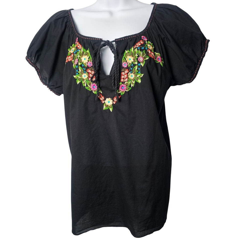 Old Navy Womens Floral Embroidered Peasant Top L Black Cotton Boho Cottagecore